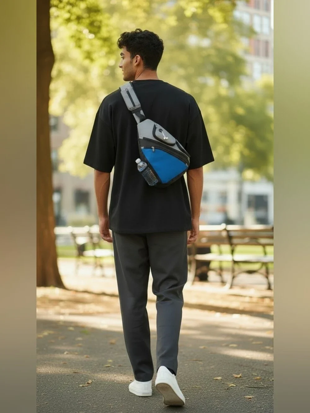 Men's Gray and Blue Sling Backpack with External Bottle Pocket